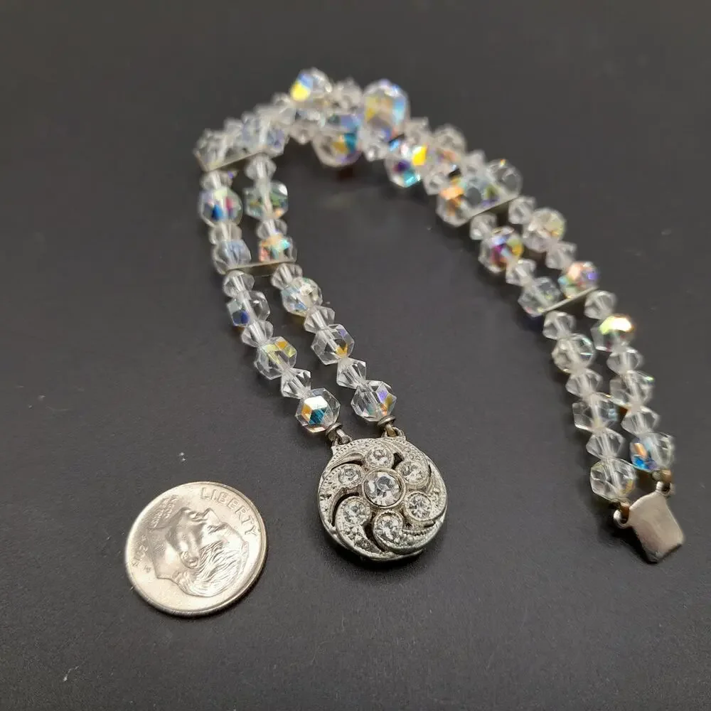 Vintage 1950s Wedding Bracelet, Aurora Borealis Crystal Beads, Rhinestone Clasp